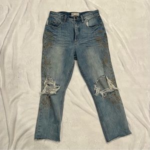 Free People Gold Stenciled Distressed Straight Jeans Size 28